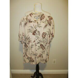 Caribbean Joe Tropical Print Short Sleeve Button-Up Shirt Rayon Beige & Brown